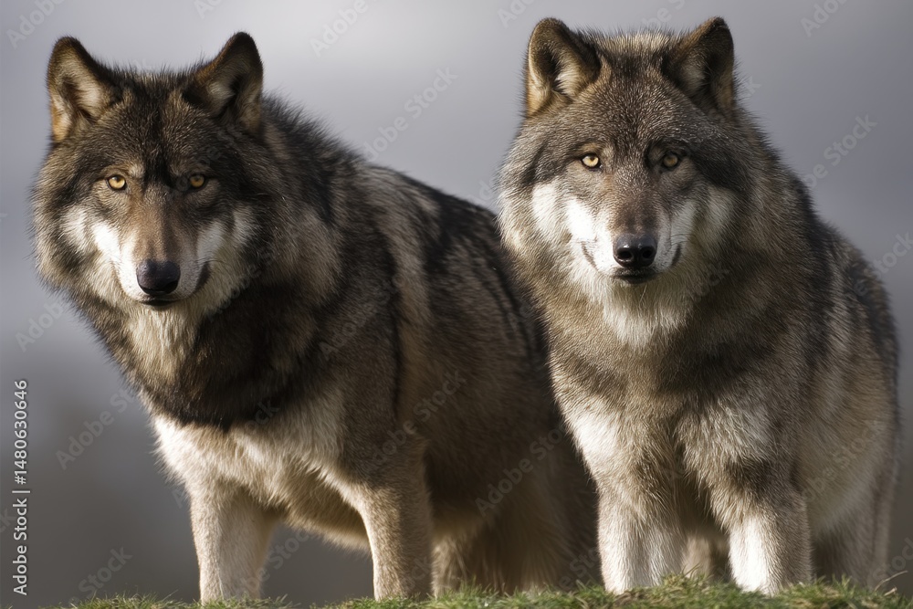 Riga, Latvia 2025-04-25 A couple of wolves standing on top of a lush green field Riga, Latvia 2025-04-25 A couple of wolves standing on top of a lush green field