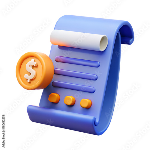3D Render of Payment Receipt Document with Financial Icons