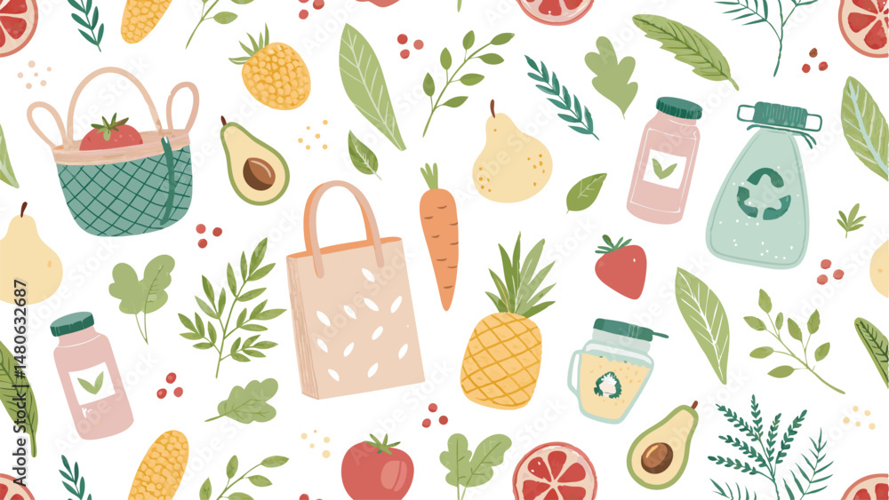 Seamless vector pattern featuring organic food and sustainability themes. Vibrant colors and detailed illustrations. Seamless vector pattern featuring organic food and sustainability themes. Vibrant colors and detailed illustrations.