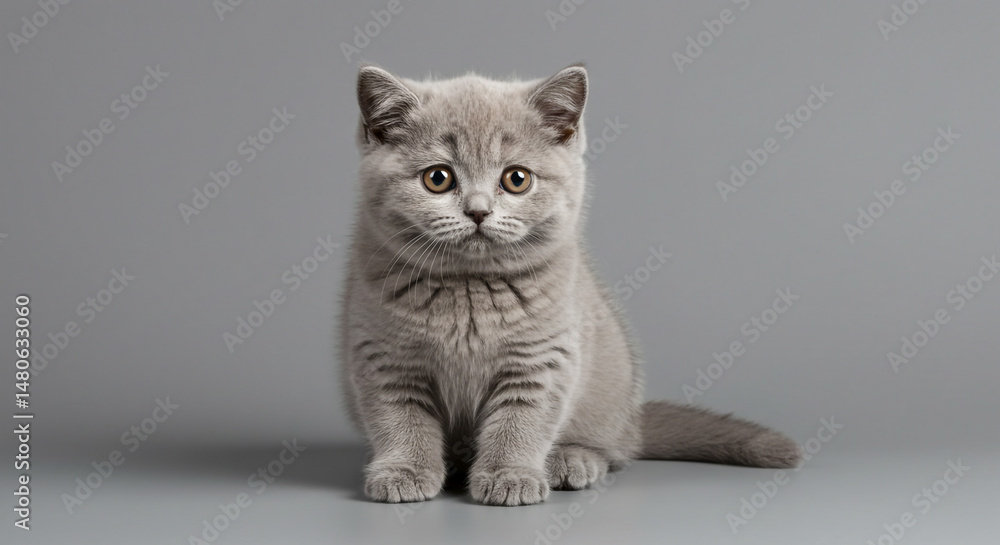 Obraz premium A cute british shorthair kitten sitting upright on a gray surface looking directly at the camera lens