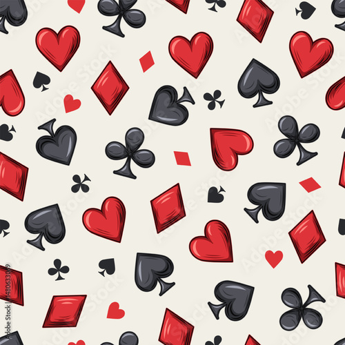 Seamless pattern with randomly scattered card suits icons on white background. Small and big symbols of hearts, clubs, spades, diamonds. Gambling, casino theme.