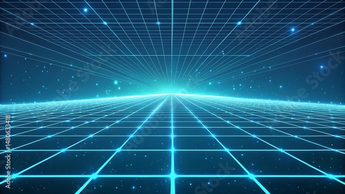 Futuristic Digital Space With Perspective Grid And Stars Glowing Technology Background