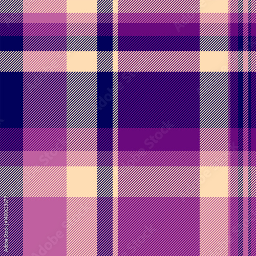 New year vector tartan texture, deep fabric check pattern. Store seamless textile background plaid in purple and pink colors.