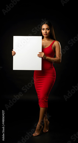 A stylish woman in red dress holding a blank sign mockup	