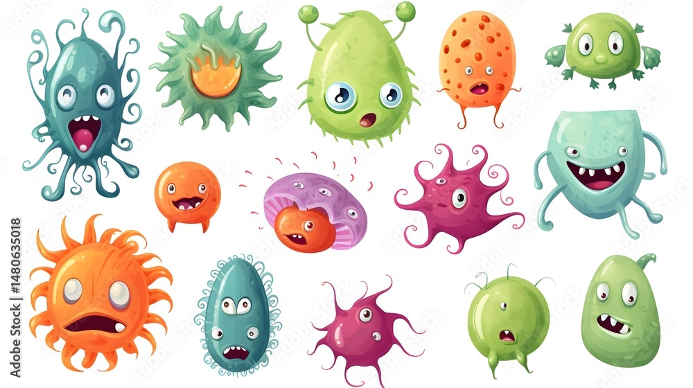 Obraz premium Colorful Bacteria Cartoon Vector Illustration on White Background for Medical and Educational Purposes