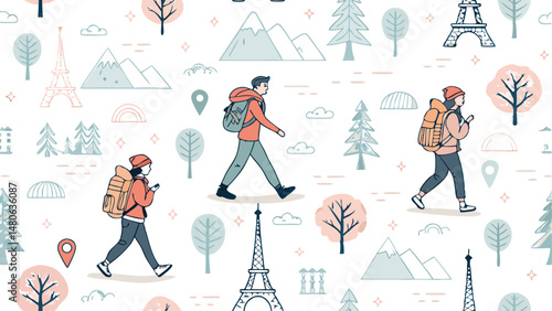 Seamless pattern featuring solo travelers with backpacks, ideal for travel blogs, websites, or tourism-related projects.