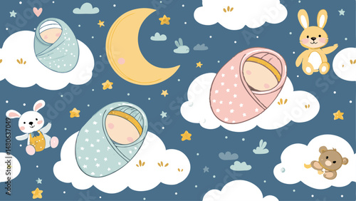 Seamless pattern featuring adorable swaddled babies peacefully sleeping. Perfect for nursery decor, baby products, or textile designs.