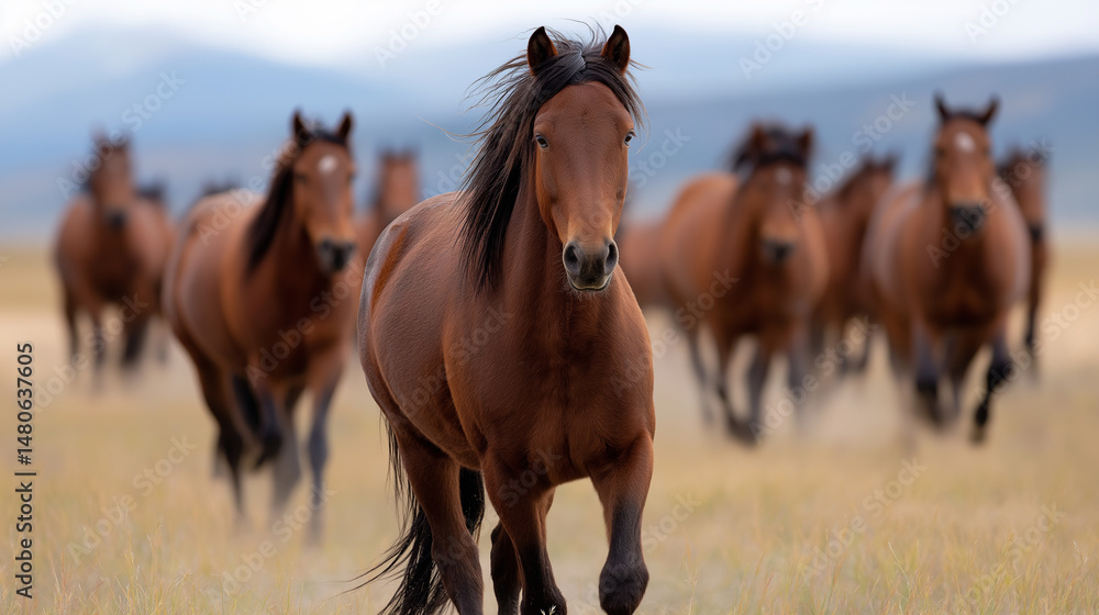 Obraz premium Wild brown horses galloping across an open field with motion blur effect.