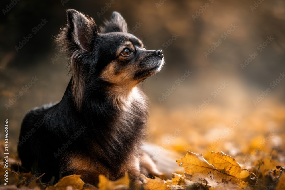 Riga, Latvia 2025-04-25 A small dog sitting in a pile of leaves Riga, Latvia 2025-04-25 A small dog sitting in a pile of leaves