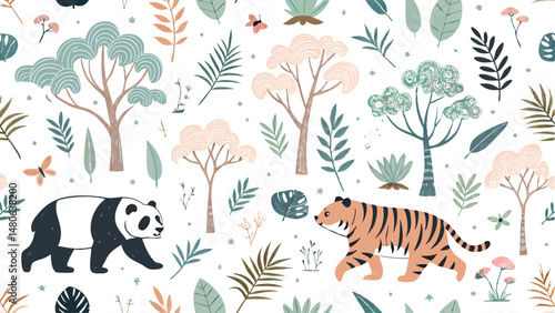 Seamless wildlife conservation pattern featuring vibrant colors and detailed illustrations of animals and nature.