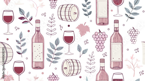 Seamless vector pattern featuring a repeating design of wine glasses and wine bottles.