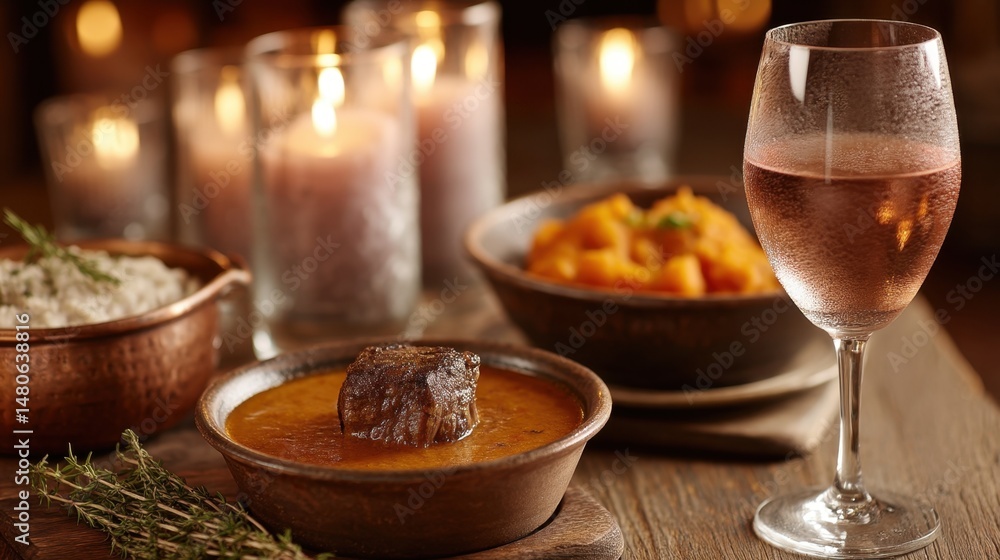 Riga, Latvia 2025-04-25 A bowl of stew and a glass of wine on a table Riga, Latvia 2025-04-25 A bowl of stew and a glass of wine on a table