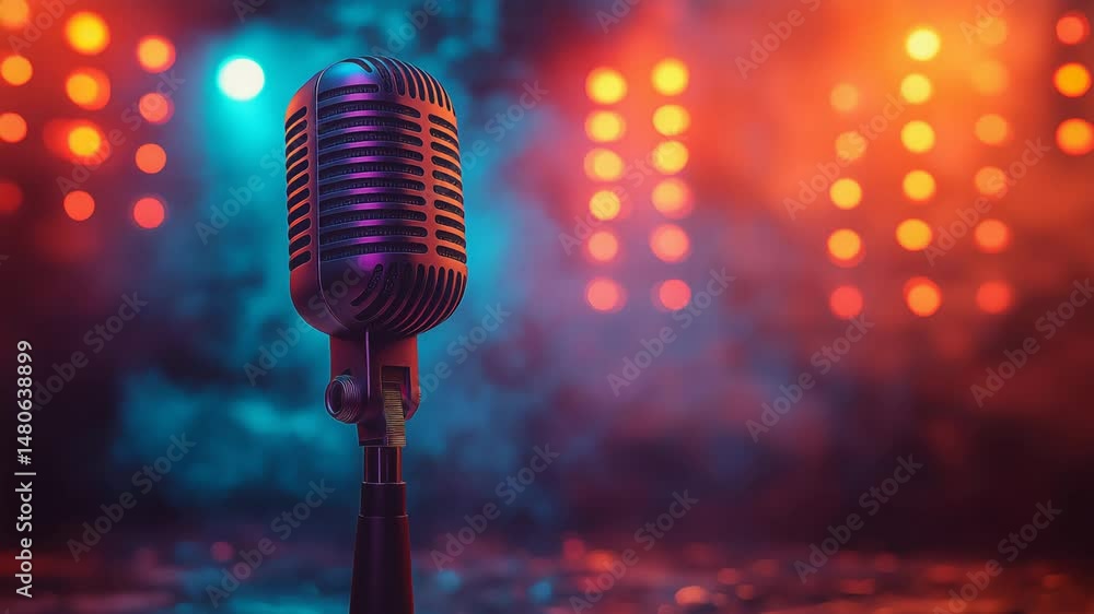 Vintage microphone on colorful stage with bokeh lights and smoke for karaoke video intros, music promotions, live concert footage, and retro performance backdrops