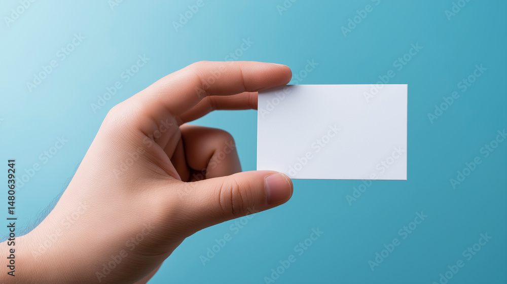 Obraz premium Hand holding a blank white business card against a blue background. 