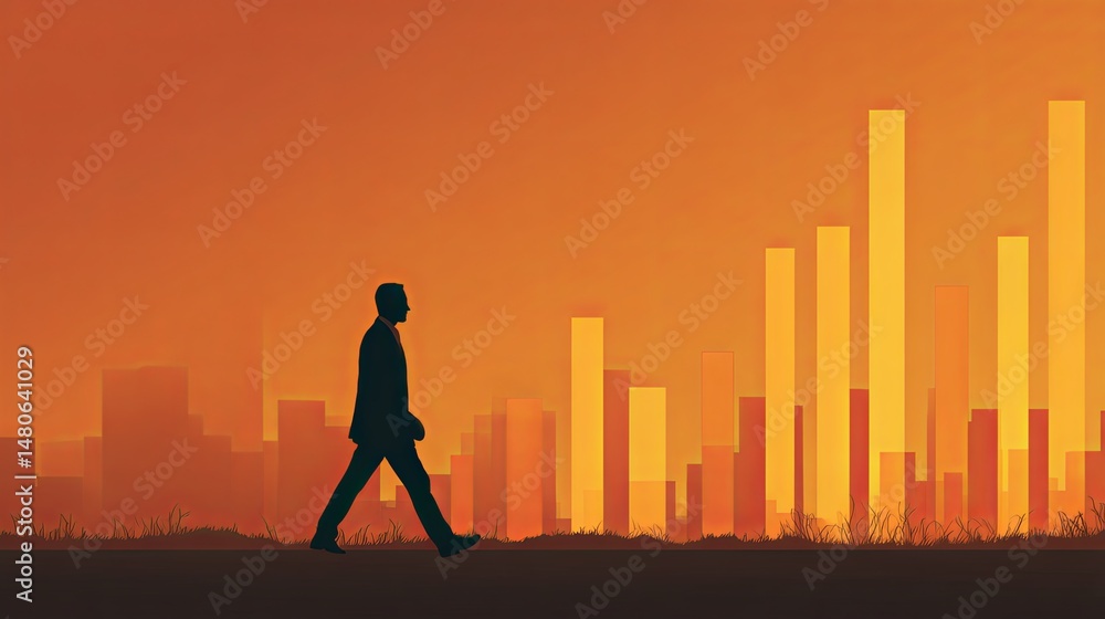 Man Walking in Front of City Skyline Man Walking in Front of City Skyline