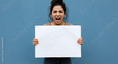 A woman screams loudly while holding a blank sign.