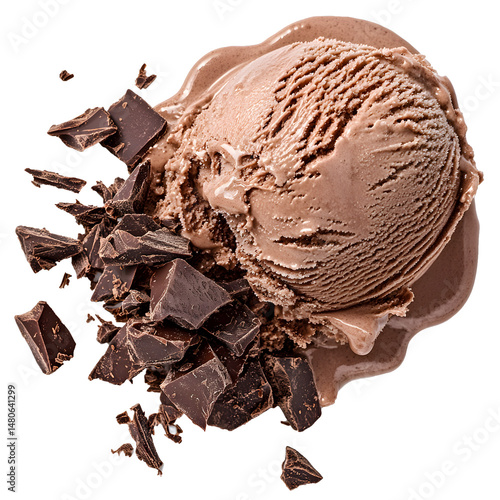 Overhead Shot of Melted Chocolate Ice Cream Scoop with Chocolate Chunks on White Background