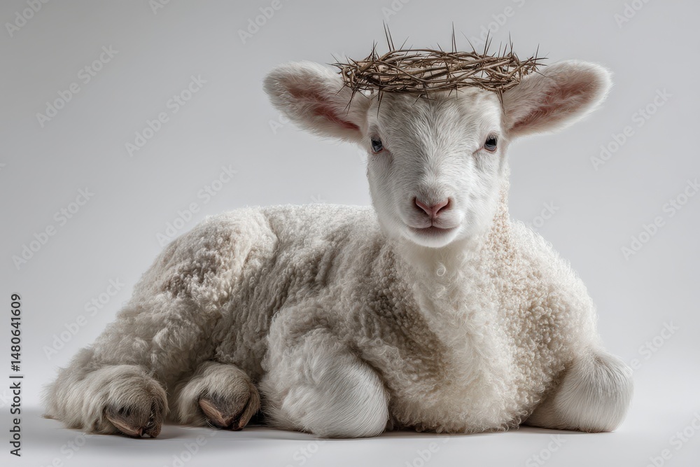 Obraz premium Ai image. Lamb of serenity: A close-up view of a lamb, adorned with a crown of thorns, rests serenely, symbolizing innocence, sacrifice, and devotion. A poignant portrayal of faith.