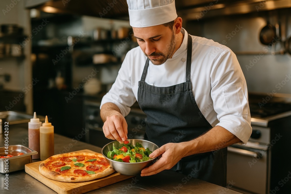 In the hotel's restaurant kitchen, a chef in an apron is busy cooking dinner and preparing vegetable salads and pizzas In the hotel's restaurant kitchen, a chef in an apron is busy cooking dinner and preparing vegetable salads and pizzas