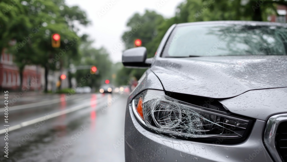 Fototapeta premium A silver car displays a cracked headlight on a rainy street after an apparent accident.