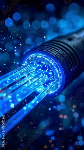 Vertical glowing fiber optics with vibrant blue particles