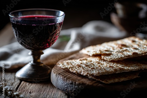 Communion Elements:  A close-up shot of a vintage chalice filled with red wine alongside a stack of unleavened bread, symbolizing the sacred elements of communion. Ai image