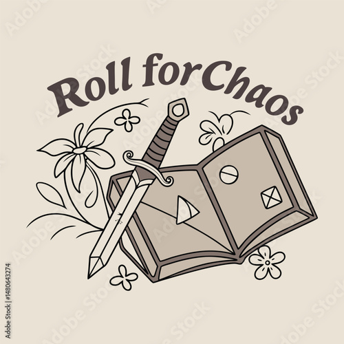 Polyhedral D20 Dice with Sword and Spellbook T-Shirt Design – 'Roll for Chaos' Text on Ancient Parchment Background for RPG and Tabletop Gamers