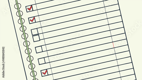 Achieving goals checklist a spiral notepad with red checkmarks showing tasks completed progress and success Clean lines