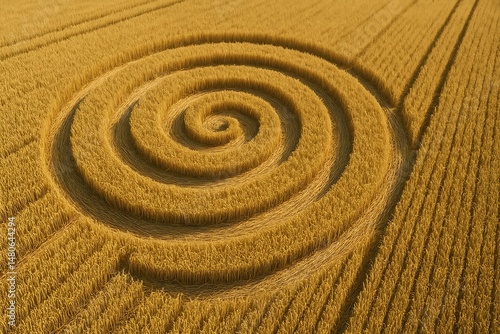 Aerial view of a unique spiral crop circle pattern in a wheat field, showcasing the intricate design of harvested crops under a clear sky