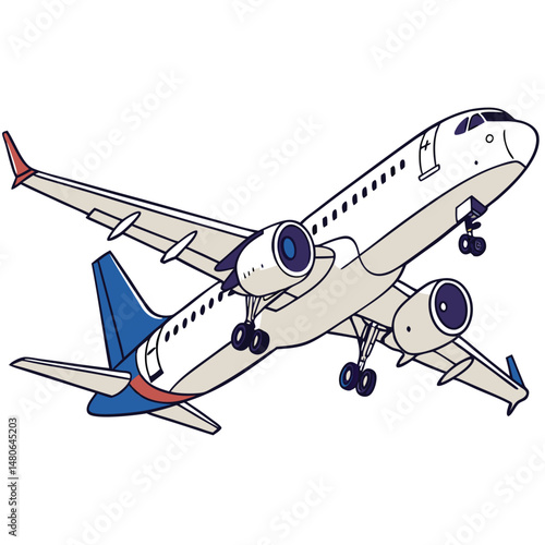 Vector illustration of a flying aircraft, a jet airliner, in air travel and transportation against a white sky