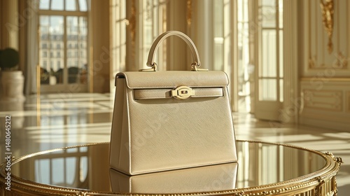 Classic tan handbag in luxurious, ornate interior