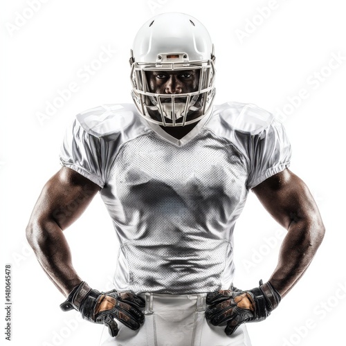 Powerful African American Football Player in White Uniform Posing Confidently