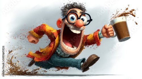 Funny cartoon man running with coffee mug and spilling coffee