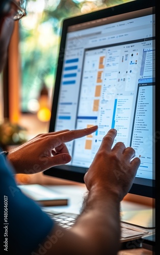 Focused individual engaging with data on computer screen in modern workspace environment