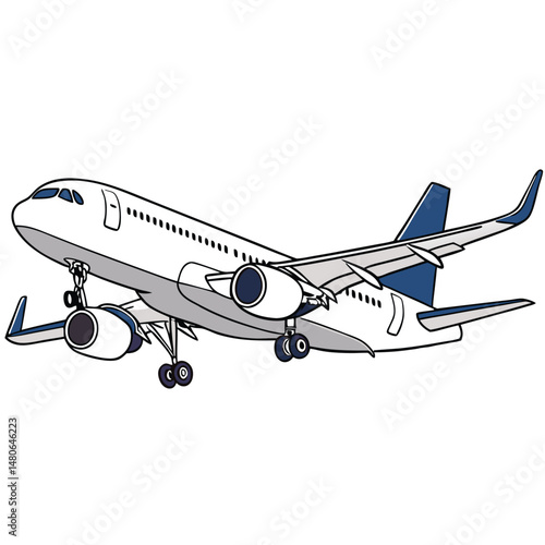 A vector illustration depicts a commercial airplane, or airliner, in flight against a white background, representing air travel and aviation