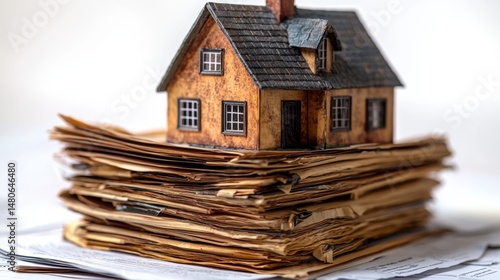 Miniature house resting on stack of old documents symbolizing real estate paperwork