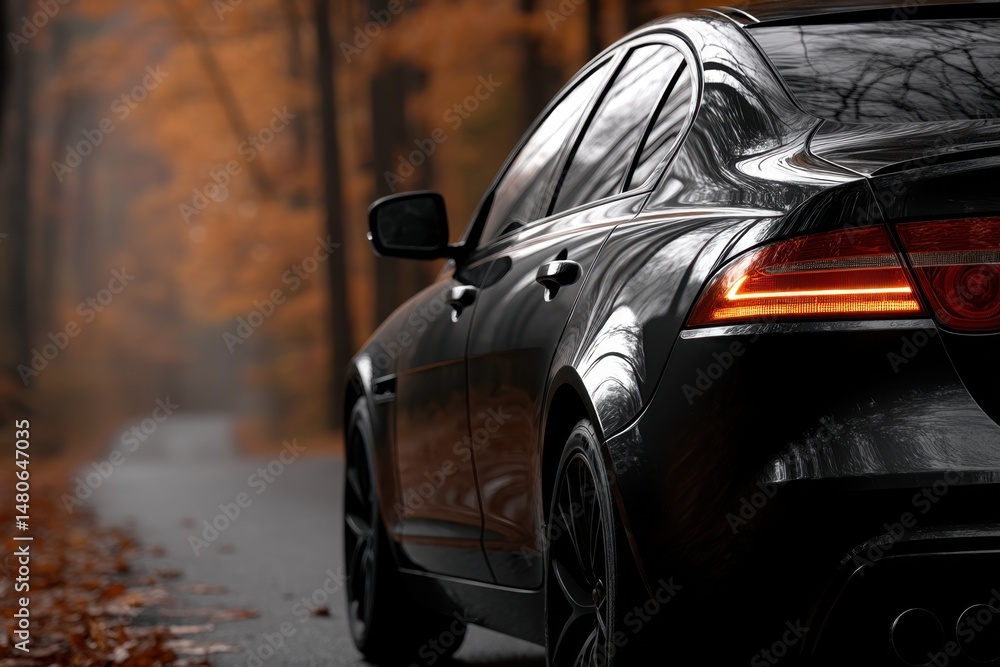Riga, Latvia 2025-04-25 A black car parked on the side of a road in the woods Riga, Latvia 2025-04-25 A black car parked on the side of a road in the woods