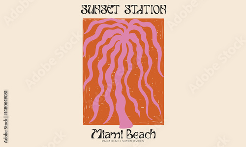 Sunset station. Ocean abstract wave. Summer vibes artwork. Sunshine paradise graphic print design. Enjoy beach life. Palm tree with flower. Surf club design. Beach modern abstract art.