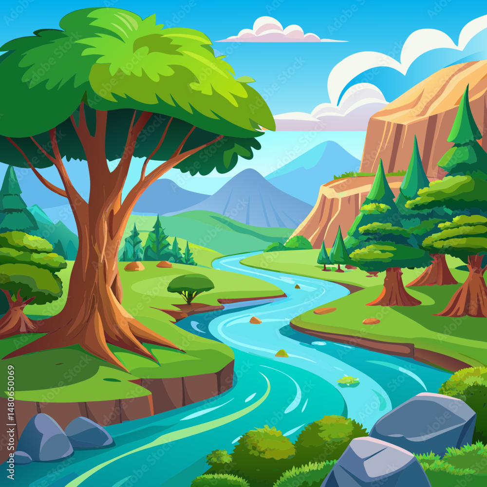 Naklejka premium Green summer nature landscape with trees, river, and blue sky