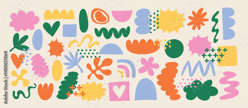 Big set of hand drawn abstract shapes in retro 70s color palette. Vector trendy design elements collection
