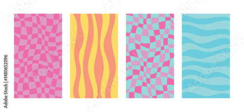 Retro abstract vertical backgrounds set for social media. Bright 90s color palette. Flat style vector illustration