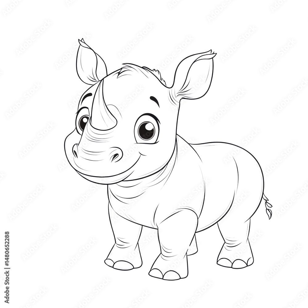 Fototapeta premium Charming Cartoon Rhinoceros Line Art Illustration for Coloring Books