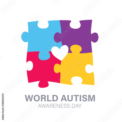 World Autism Awareness Day square banner with colorful puzzle with a cutted heart inside. Vector illustration event web banner design