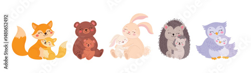 Various cute mother and baby animals. Set of animal families. Flat vector illustration of mothers and their children