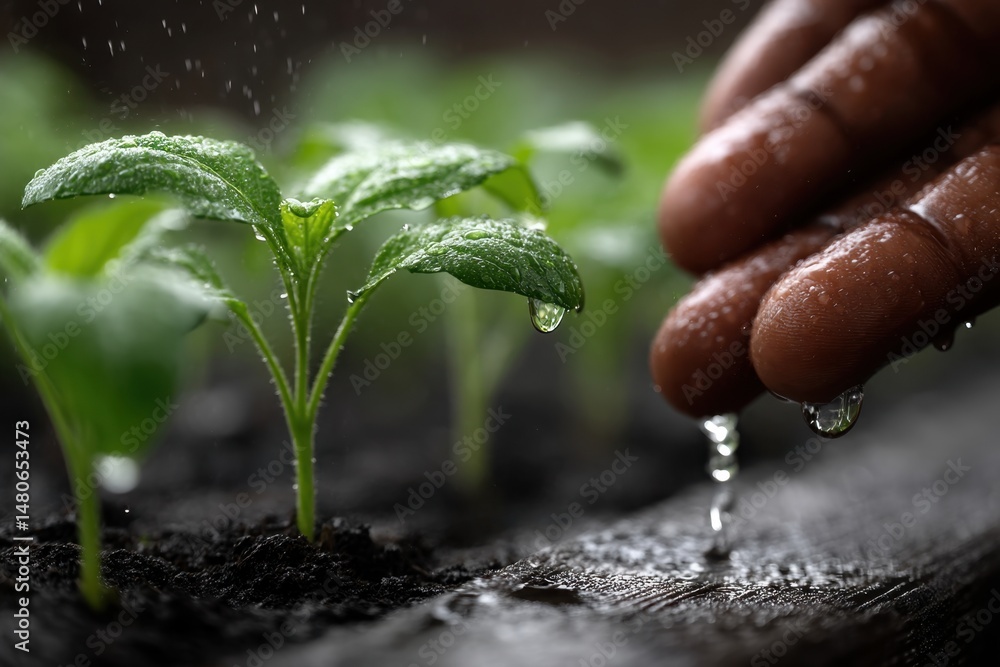 Riga, Latvia 2025-04-25 A person holding a small plant with water droplets on it Riga, Latvia 2025-04-25 A person holding a small plant with water droplets on it