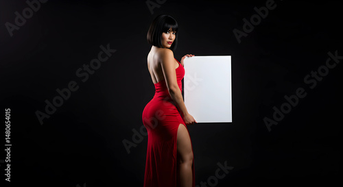 A stylish woman in red dress holding a blank sign mockup	