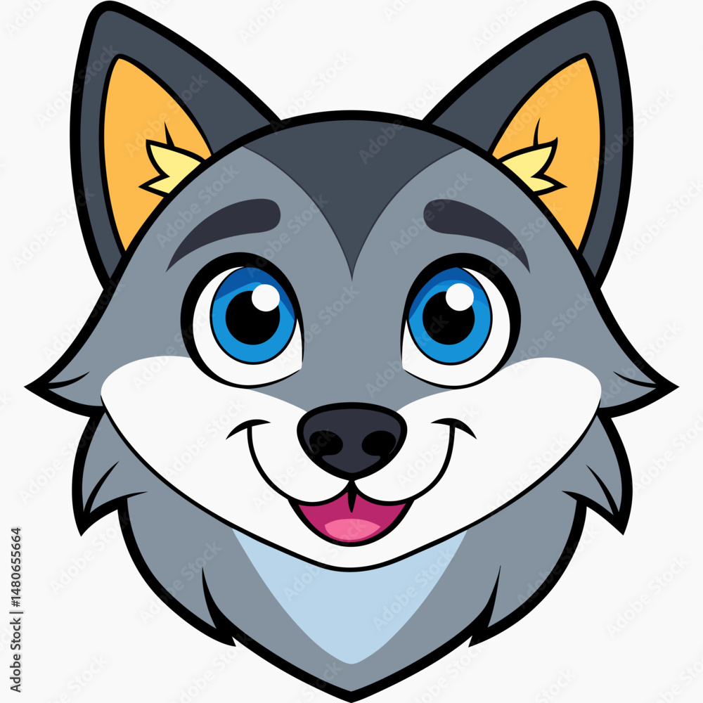 Fototapeta premium Cute Smiling Cartoon Wolf Face Illustration