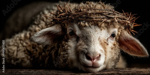 Lamb of God with Thorn Crown: A gentle lamb, its head adorned with a crown of thorns, evokes a sense of sacrifice and spiritual reflection in this symbolic and powerful image.  
