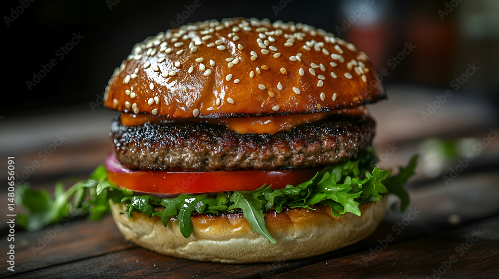 Deliciously prepared gourmet hamburger on a rustic wooden surface. Deliciously prepared gourmet hamburger on a rustic wooden surface.