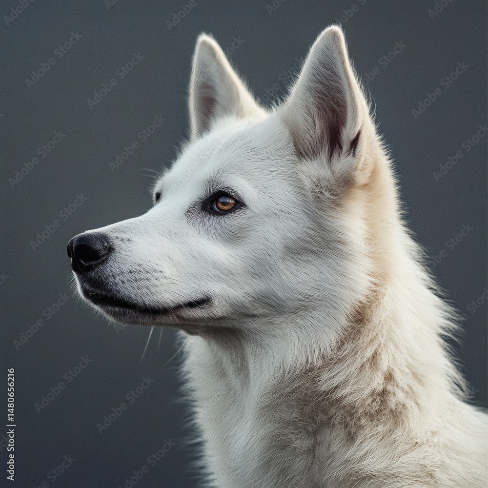 Obraz premium White Dog's Regal Gaze: A striking portrait of a pure white dog, exuding an air of serene confidence. The dog's intelligent eyes and poised demeanor speak of loyalty and grace.